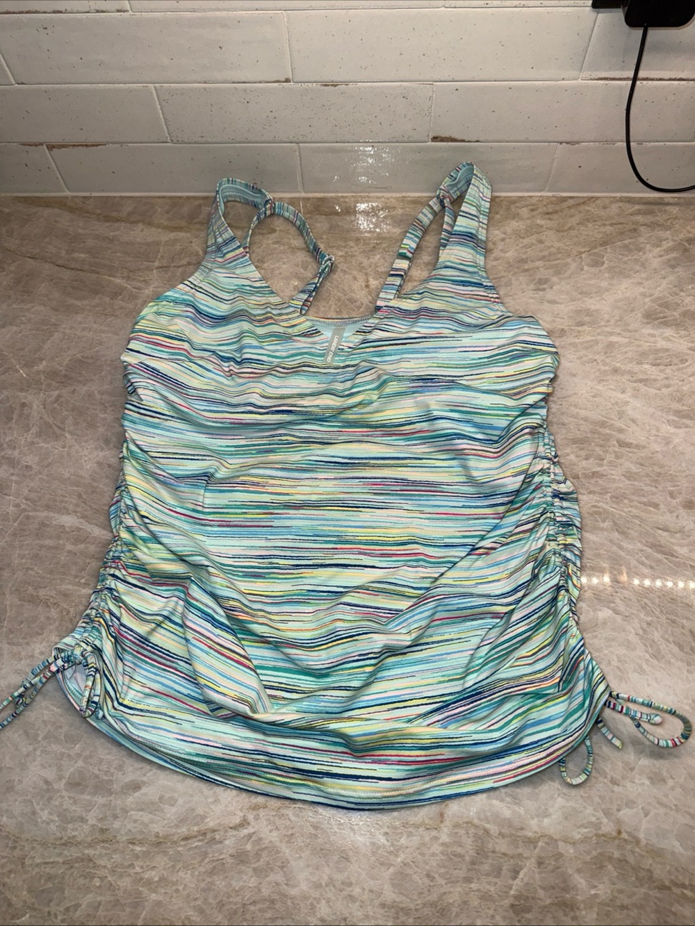 Lands End Tankini Women striped Drawstring Tie Underwire Bra Size 8